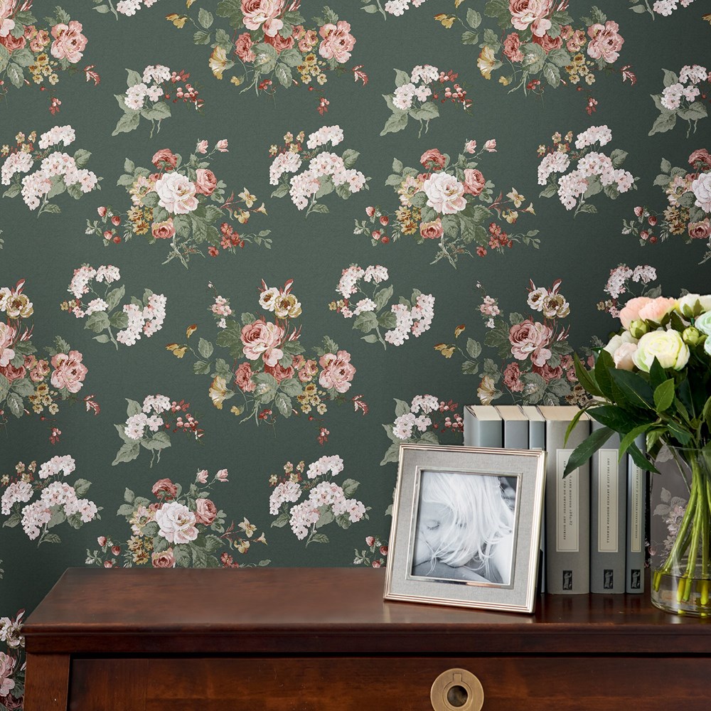 Rosemore Floral Wallpaper 114896 by Laura Ashley in Fern Green